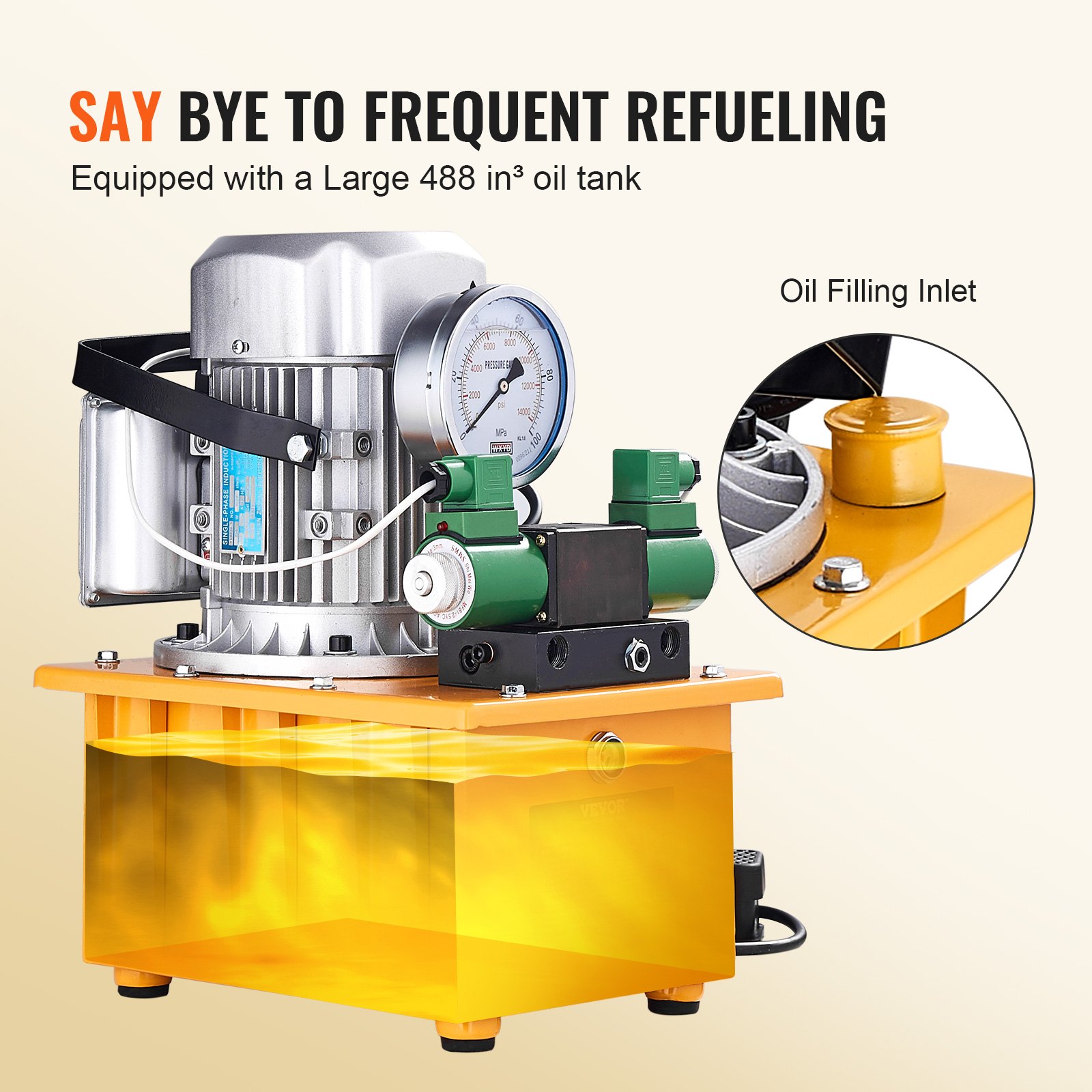 VEVOR Electric Hydraulic Pump, 10000 PSI 750W 110V 488 in³/8L Capacity