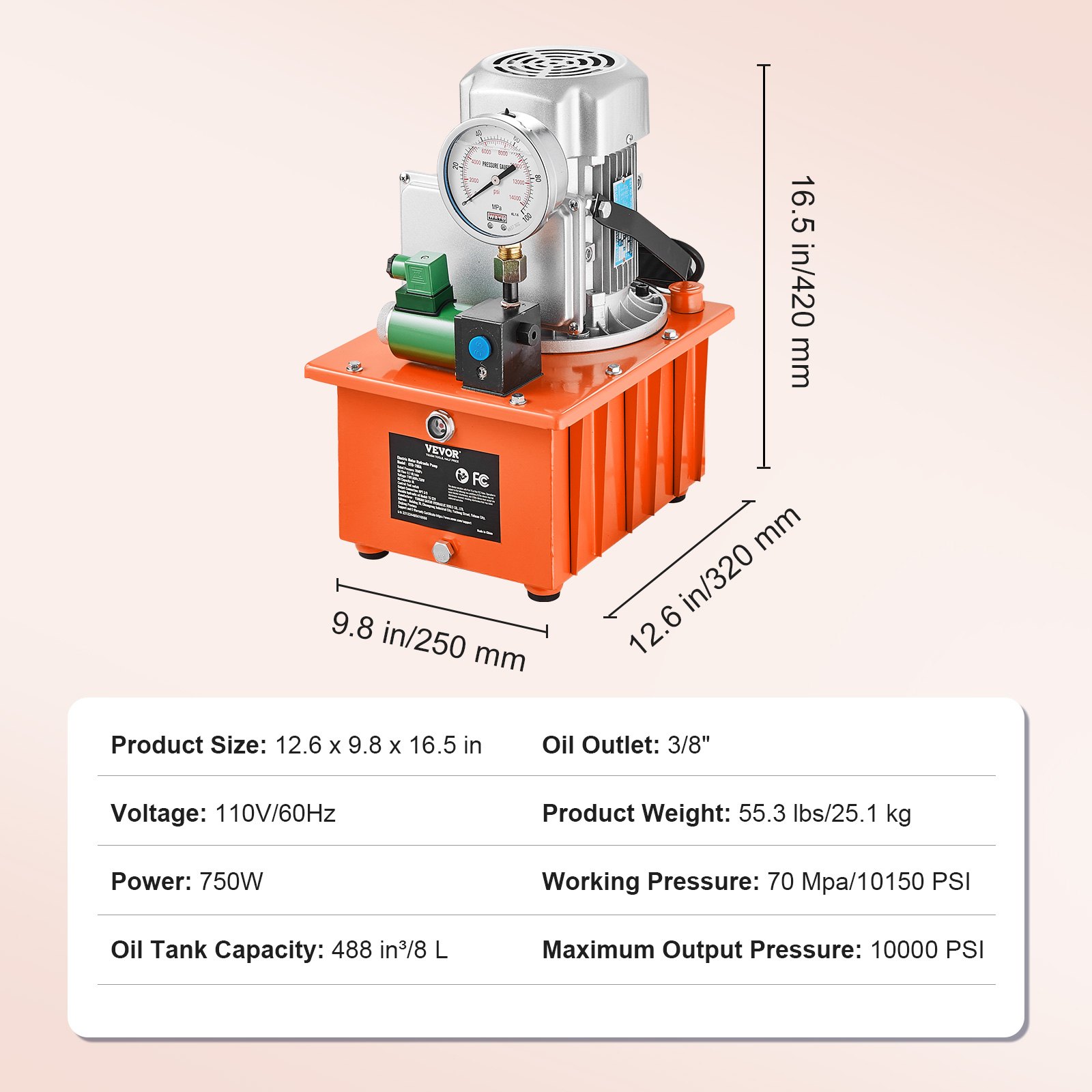 VEVOR Electric Hydraulic Pump, 10000 PSI 750W 110V 488 in³/8L Capacity ...