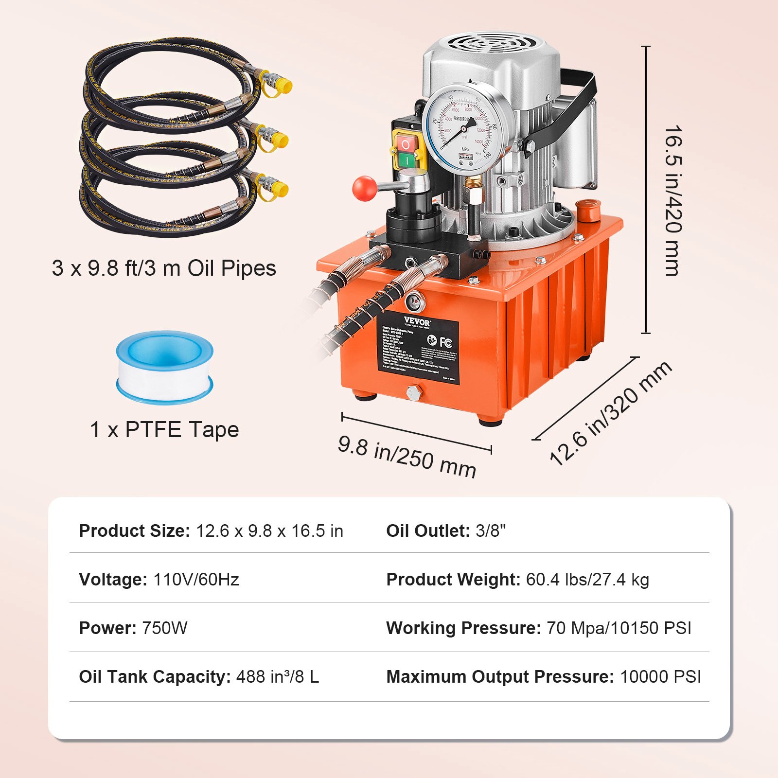 VEVOR Electric Hydraulic Pump, 10000 PSI 750W 110V, 488 in³/8L Capacity
