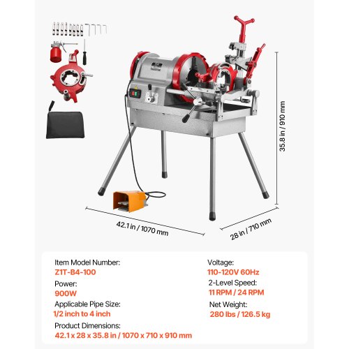 Electric Pipe Threader Machine 900W 2-Speed Threading Cutter for 1/2 ...