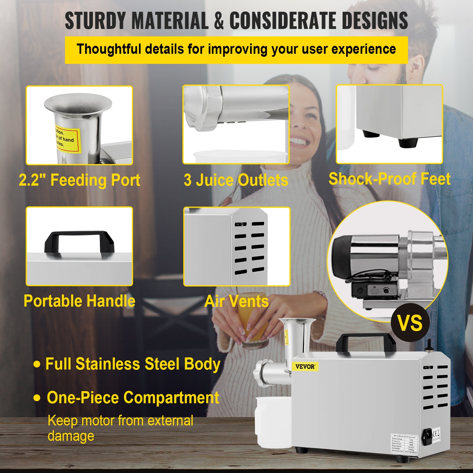 VEVOR Commercial Wheatgrass Juicing Machine, 80 Juice Yield, Slow