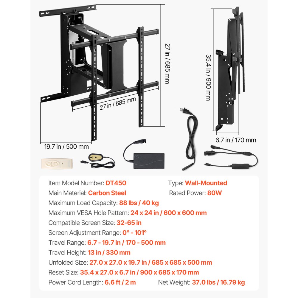 VEVOR Motorized TV Wall Mount with Remote Control - 65” TV