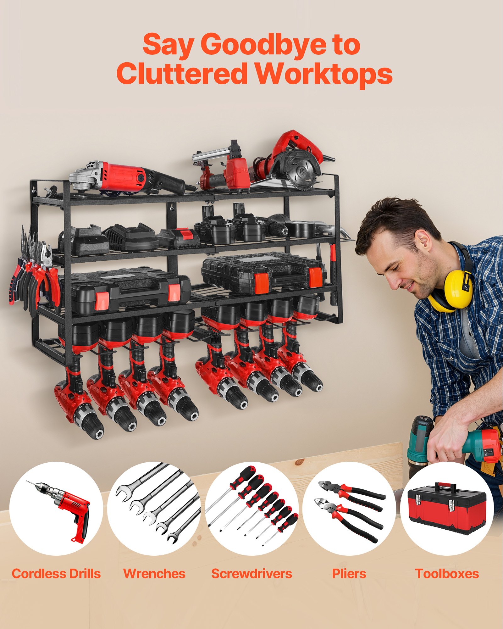 VEVOR Power Tool Organizer Wall Mount, 4-Layer Storage Rack with 8 ...