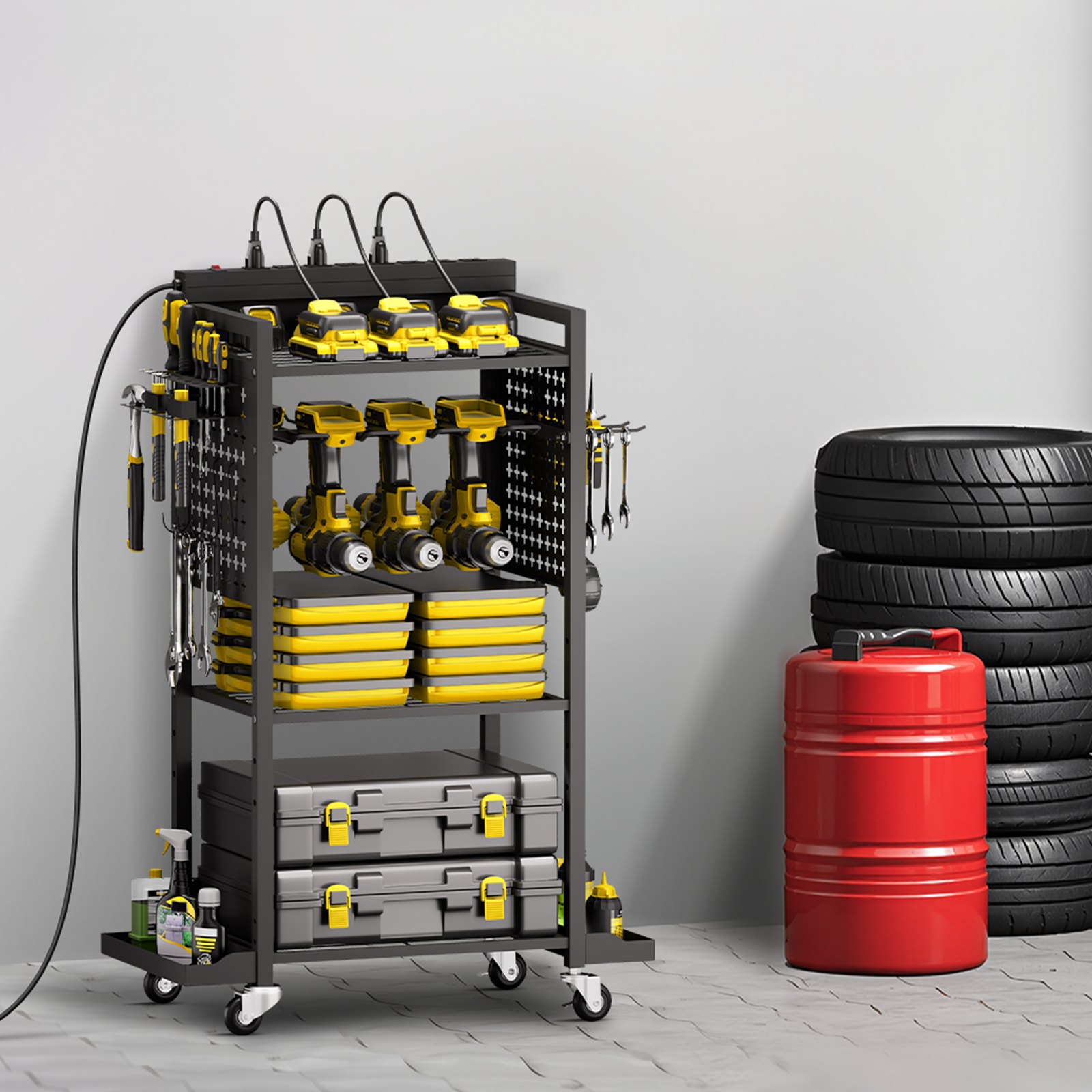 VEVOR Power Tool Organizer Cart – 4-Tier, 8 AC Outlet