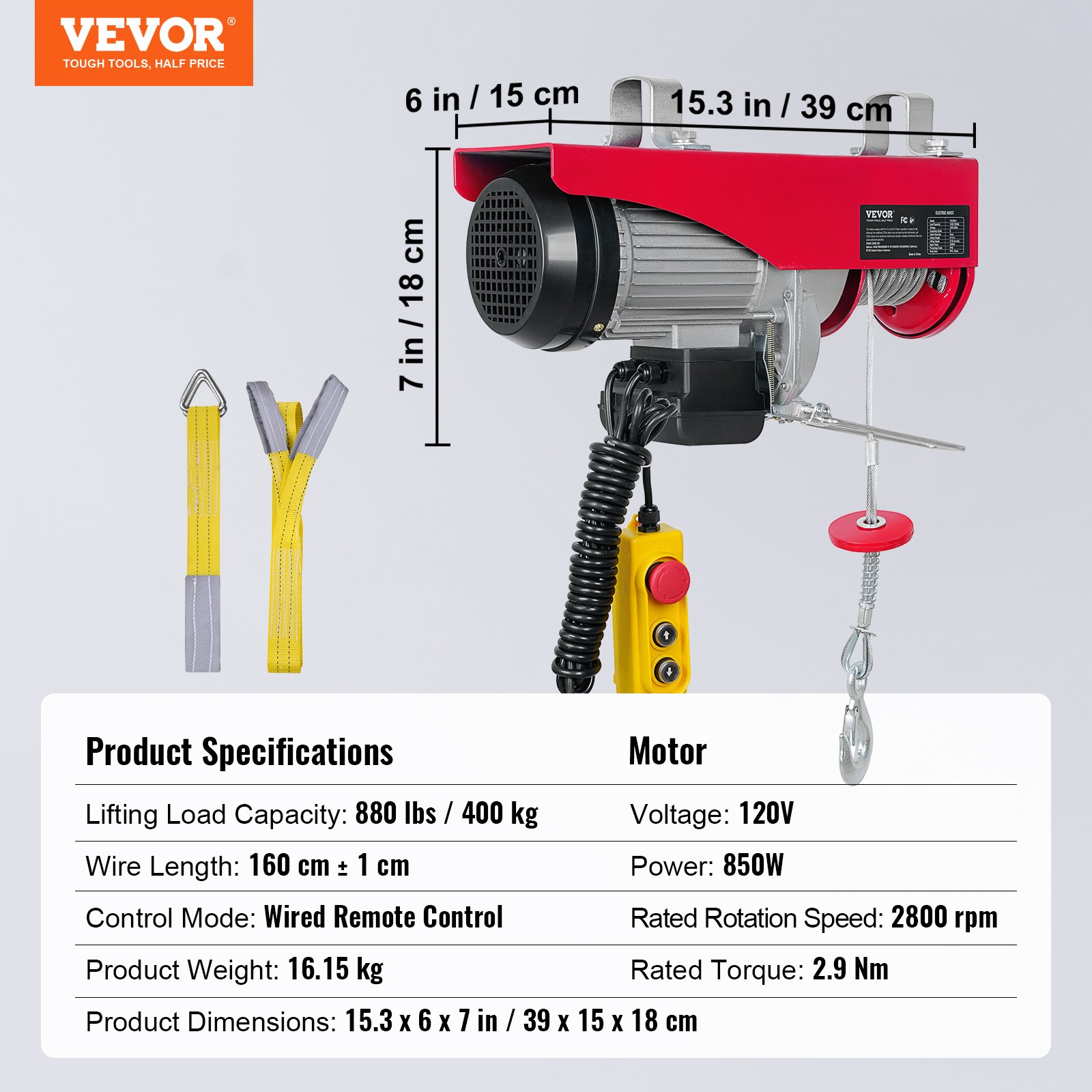 VEVOR 880lbs Electric Hoist with 14ft Wired Remote Control, 110V