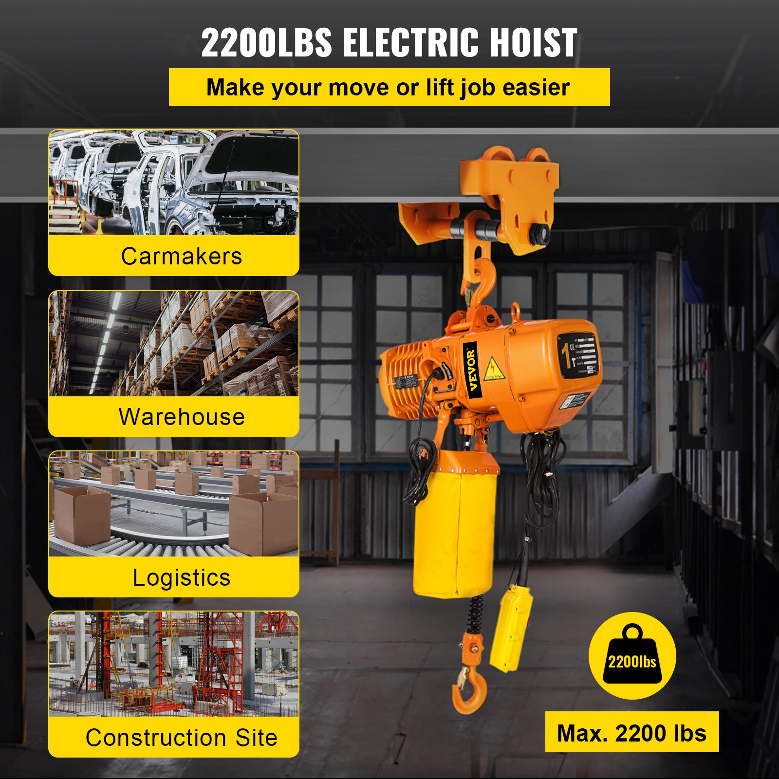 VEVOR 2200LBS Double Electric Chain Hoist, Yellow | VEVOR US