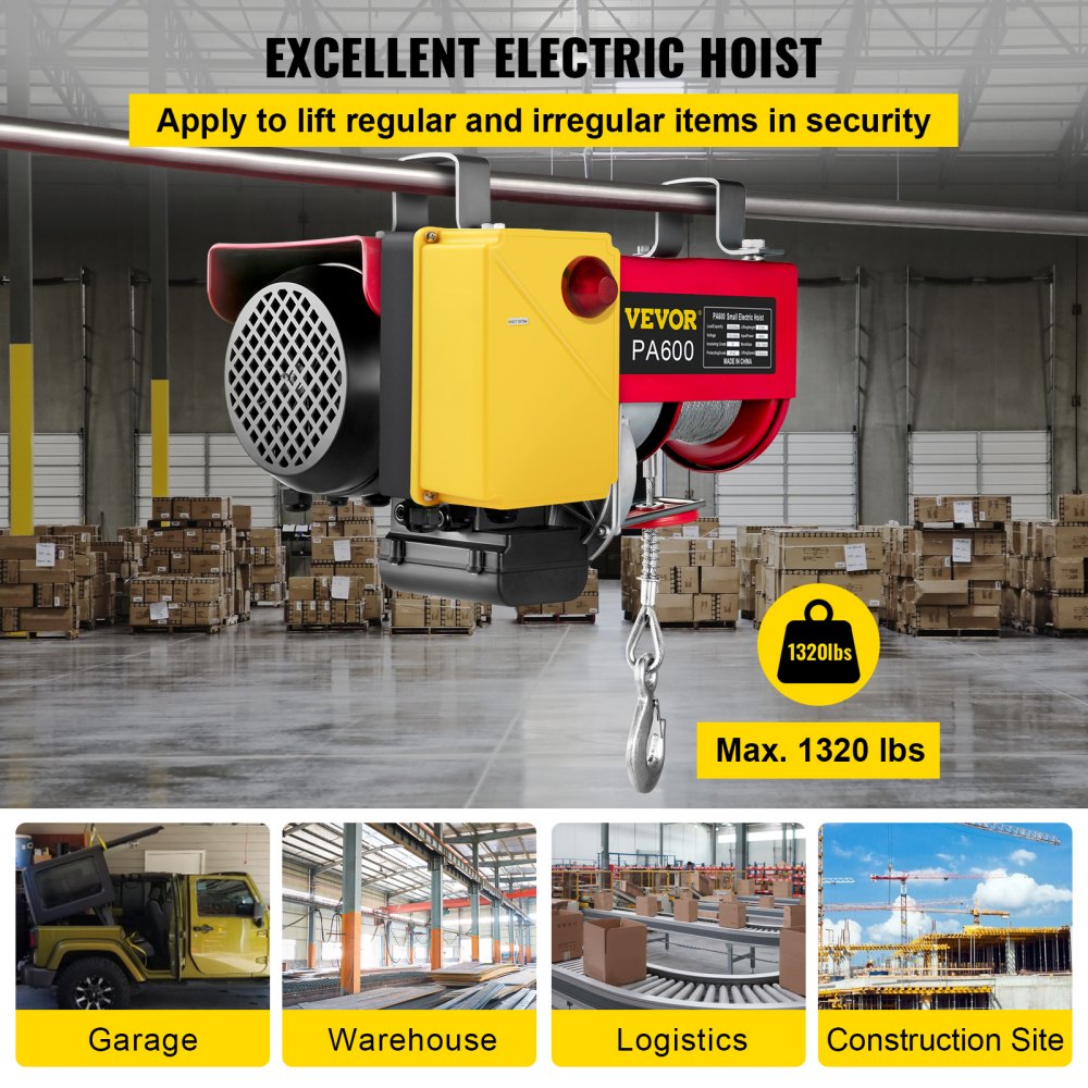 Treuil / Palan électrique 110V - Capacité 200 Kg (440 Lbs) - Câble Acier Zingué 38 Pieds - Neuf
