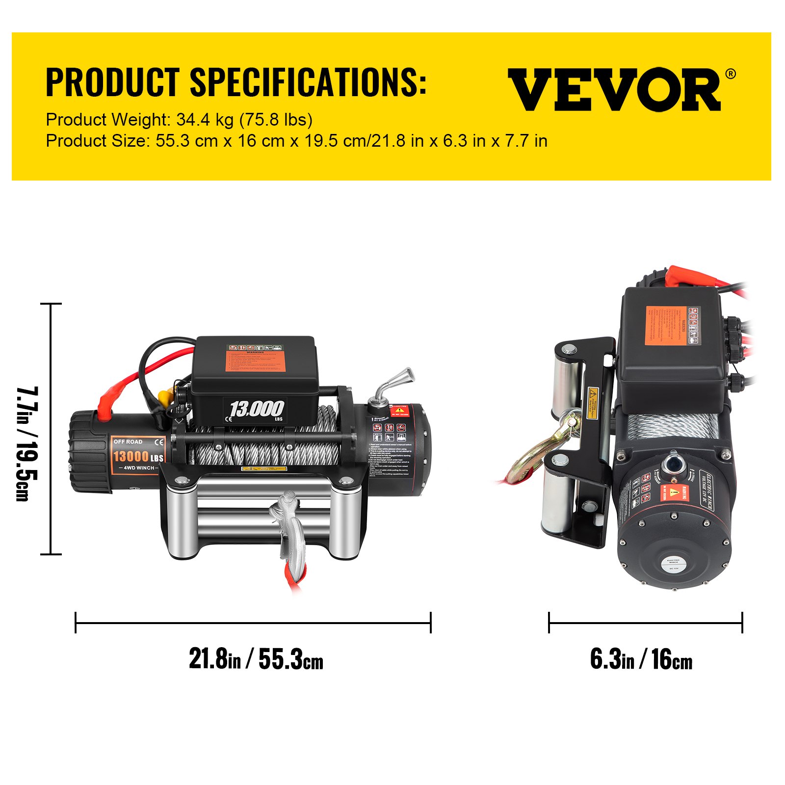 VEVOR Truck Winch 13000lbs Electric Winch 26m/85ft Cable Steel 12V ...