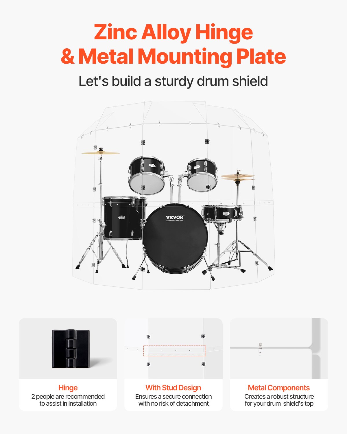 VEVOR Plexiglass Drum Surround – 5 Panel, 2×5 FT, 10 Metal