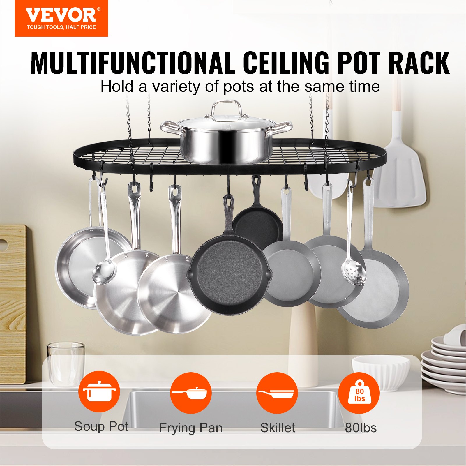 VEVOR Hanging Pot Rack, 32 inch Hanging Pot Rack Ceiling Mount, Ceiling ...