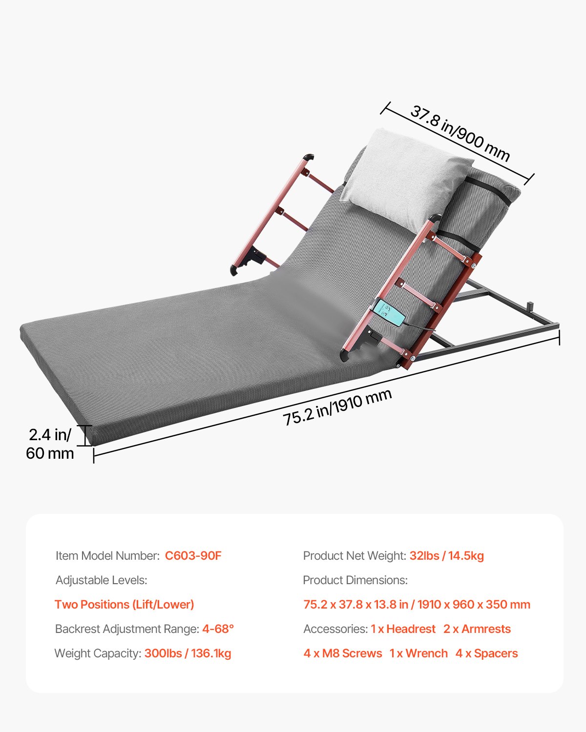 VEVOR Electric Lifting Backrest for Bed – 4-68°Tilt, 300lbs