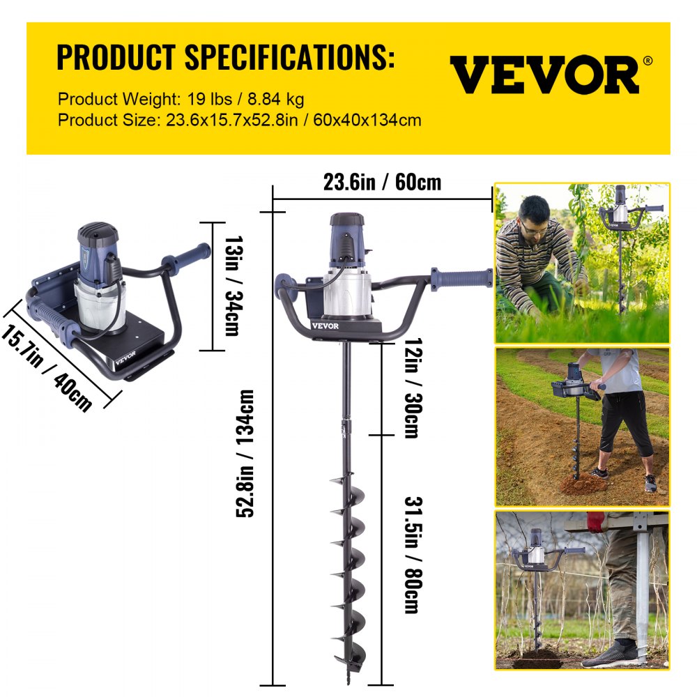 VEVOR Electric Post Hole Digger, 1200 W 1.6 HP Electric Auger Powerhead