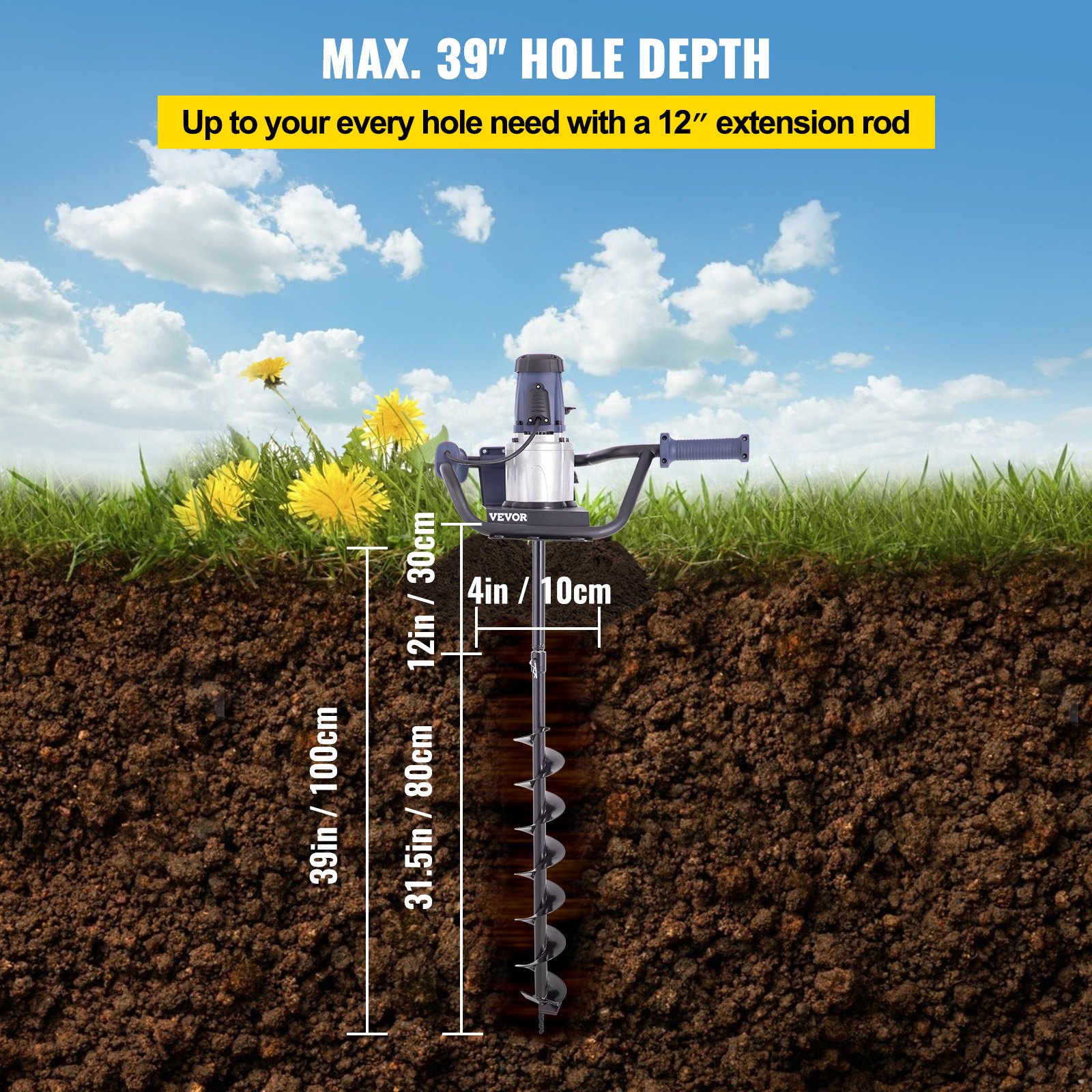 VEVOR Electric Post Hole Digger, 1200 W 1.6 HP Electric Auger Powerhead ...