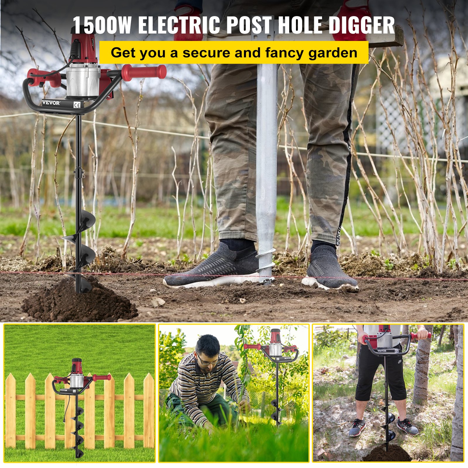 VEVOR Electric Post Hole Digger, 1500 W 1.6 HP Electric Auger Powerhead