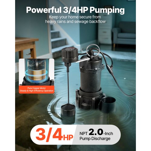 VEVOR Submersible Sewage Pump, 3/4 HP, 6000 GPH Cast Iron Sewage