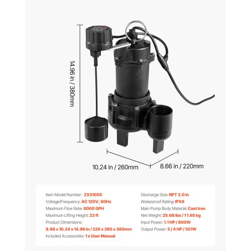 VEVOR Submersible Sewage Pump, 3/4 HP, 6000 GPH Cast Iron Sewage