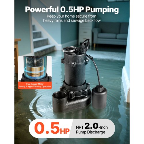 VEVOR Submersible Sewage Pump, 1/2 HP, 4800 GPH Cast Iron Sewage