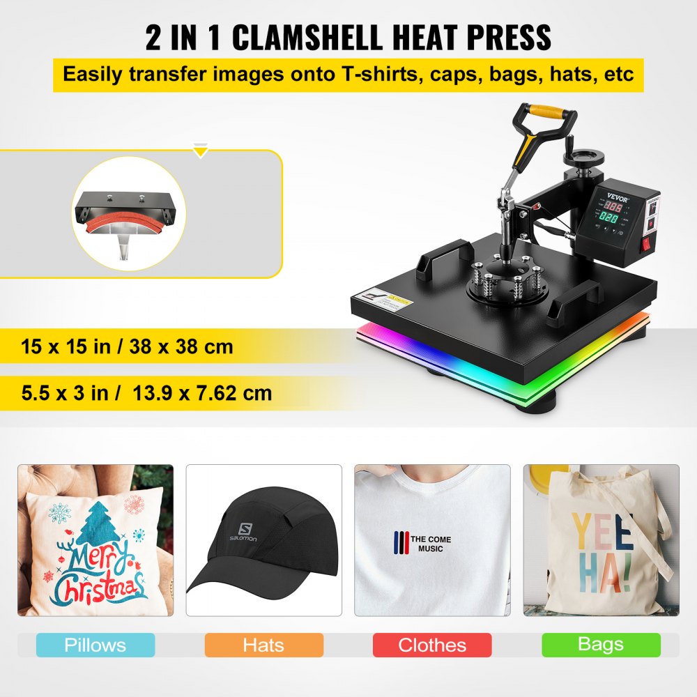 VEVOR Heat Press Machine 2In1 15x15in Sublimation Print Transfer DIY T ...