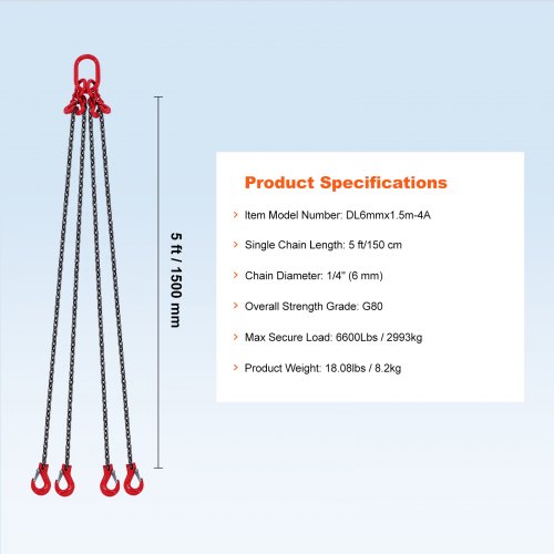 VEVOR 1/4" x 5' Chain Sling 4 Legs G80 Lifting Chain with Grab Hooks ...