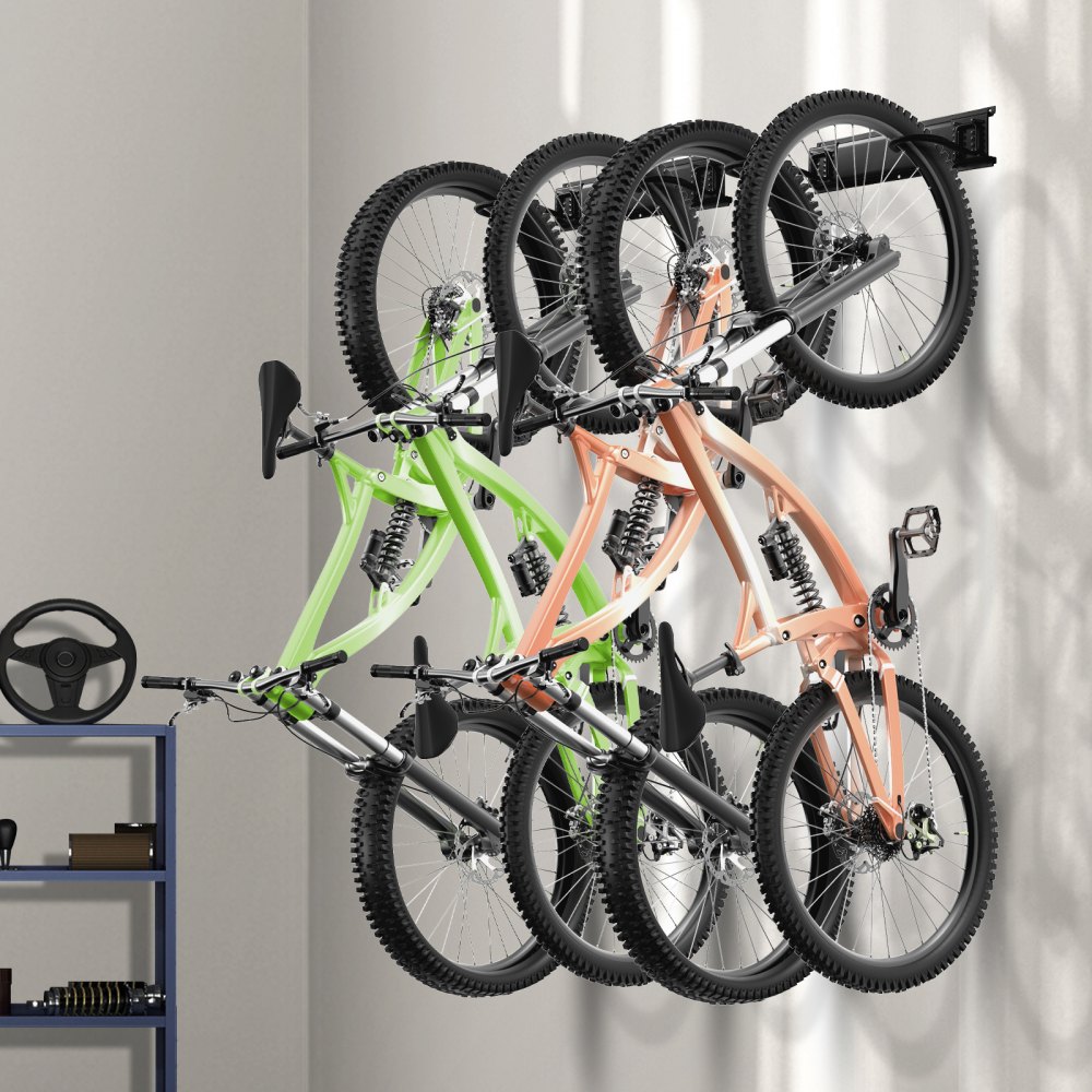 VEVOR Bike Storage Rack, 4 Bike Racks and 2 Helmets Hooks, Wall Mount ...