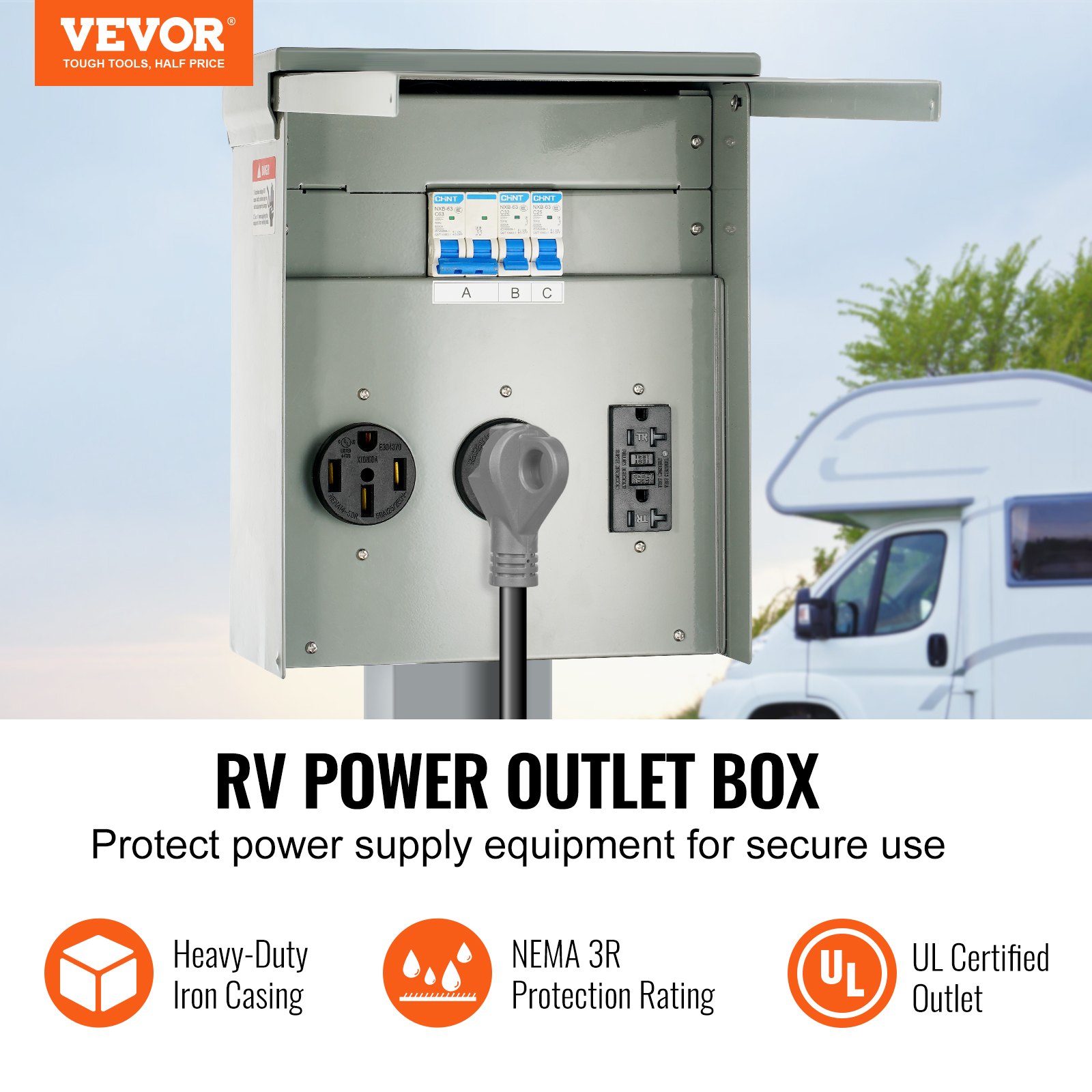 VEVOR Temporary Power Outlet Panel, 125/250 Volt, RV Power Outlet Box with a 20/30/50 Amp