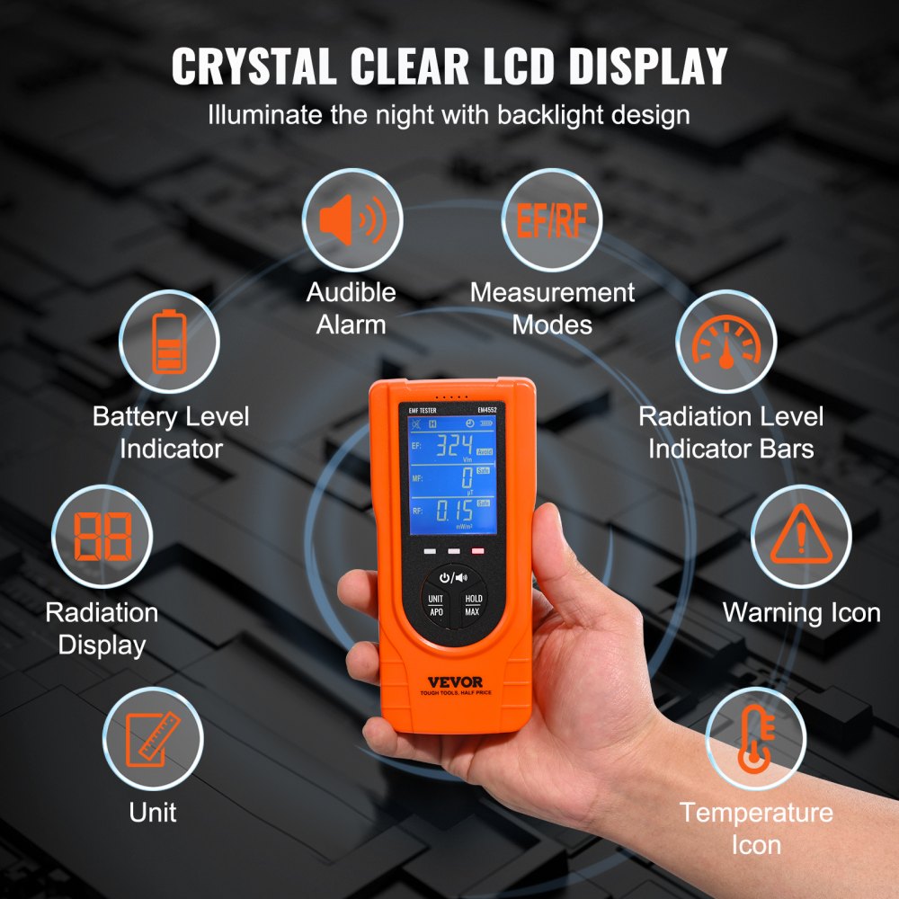 Electromagnetic Testing Machine VEVOR 3-in-1 EMF Meter, 5Hz - 3.5GHz, Handheld Rechargeable ...