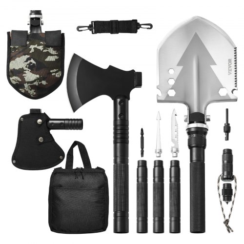 VEVOR Survival Shovel Survival Axe, 16-in-1 Camping Folding