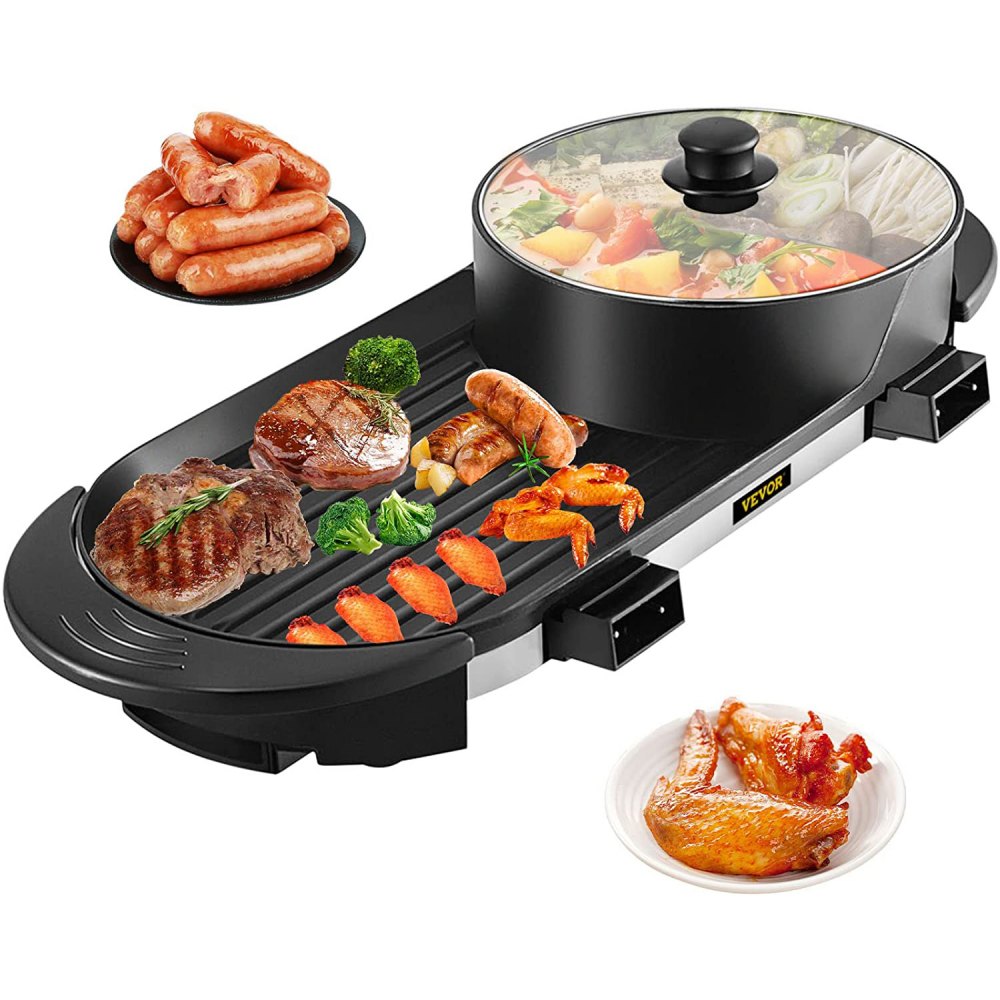 VEVOR 2 in 1 BBQ Pan Grill and Hot Pot with Divider Multifunctional Teppanyaki Grill Pot Separate Dual Temperature Control Electric BBQ Stove Hot Pot 5 Speed for Indoor Korean BBQ Shabu