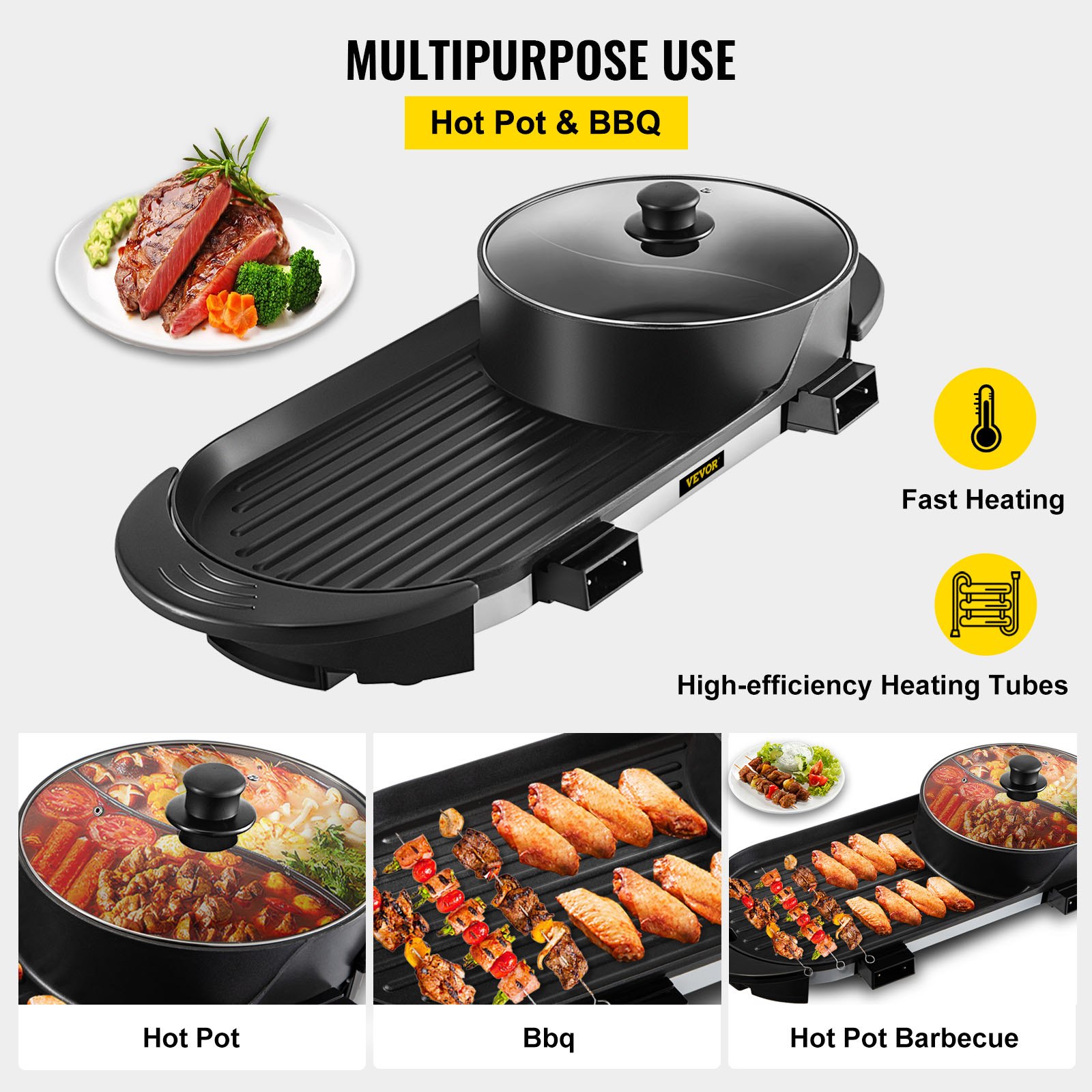 VEVOR 2 in 1 BBQ Grill and Hot Pot with Divider, Aluminum Alloy