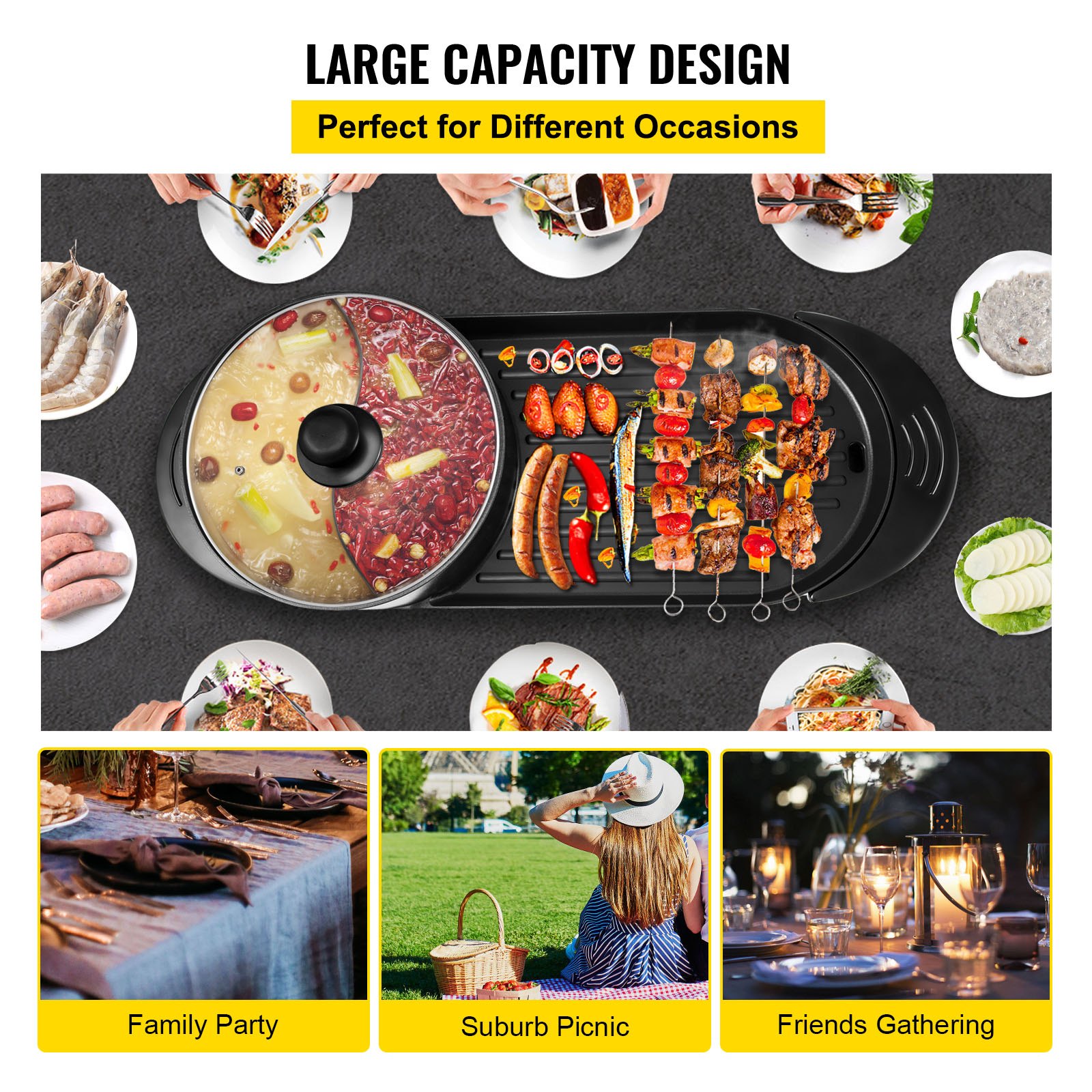 VEVOR 2 in 1 BBQ Grill and Hot Pot with Divider, Aluminum Alloy