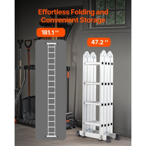 Multi-Purpose Folding Ladder 7-in-1 4 Step 15.5ft Reach Height for Work ...