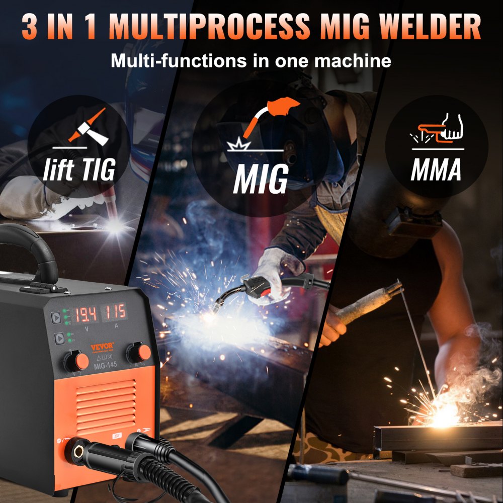VEVOR 145Amp MIG Welder, Welding Machine 3 in 1, 110 V Flux Core/Solid