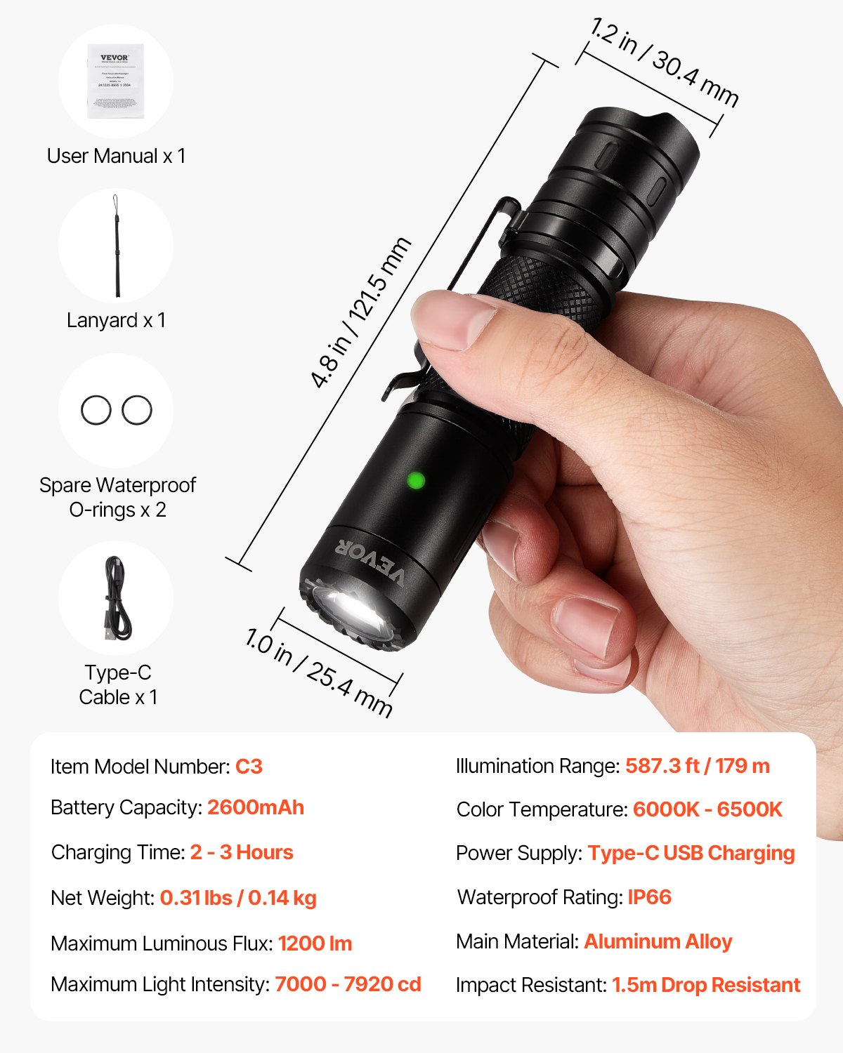 VEVOR Waterproof Rechargeable Flashlight – 1200LM, 6Mode