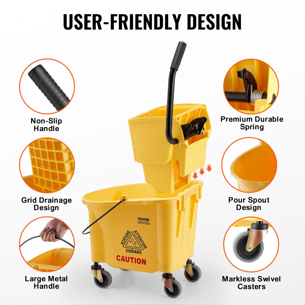 Yellow Commercial VEVOR Mop Bucket with Wringer, 26 Qt. Commercial Mop Bucket with Side ...