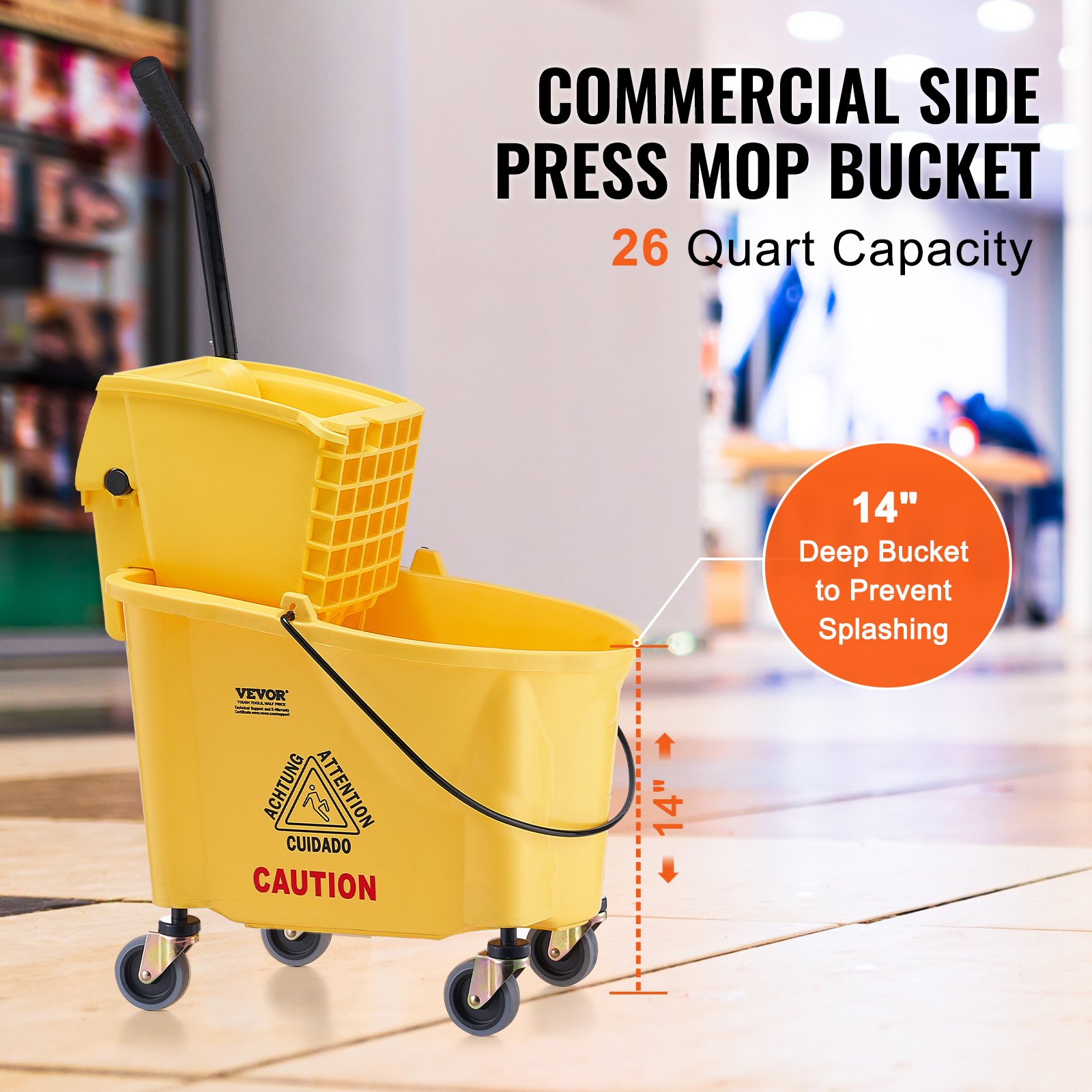 VEVOR Mop Bucket with Wringer, 26 Qt. Commercial Mop Bucket with Side ...