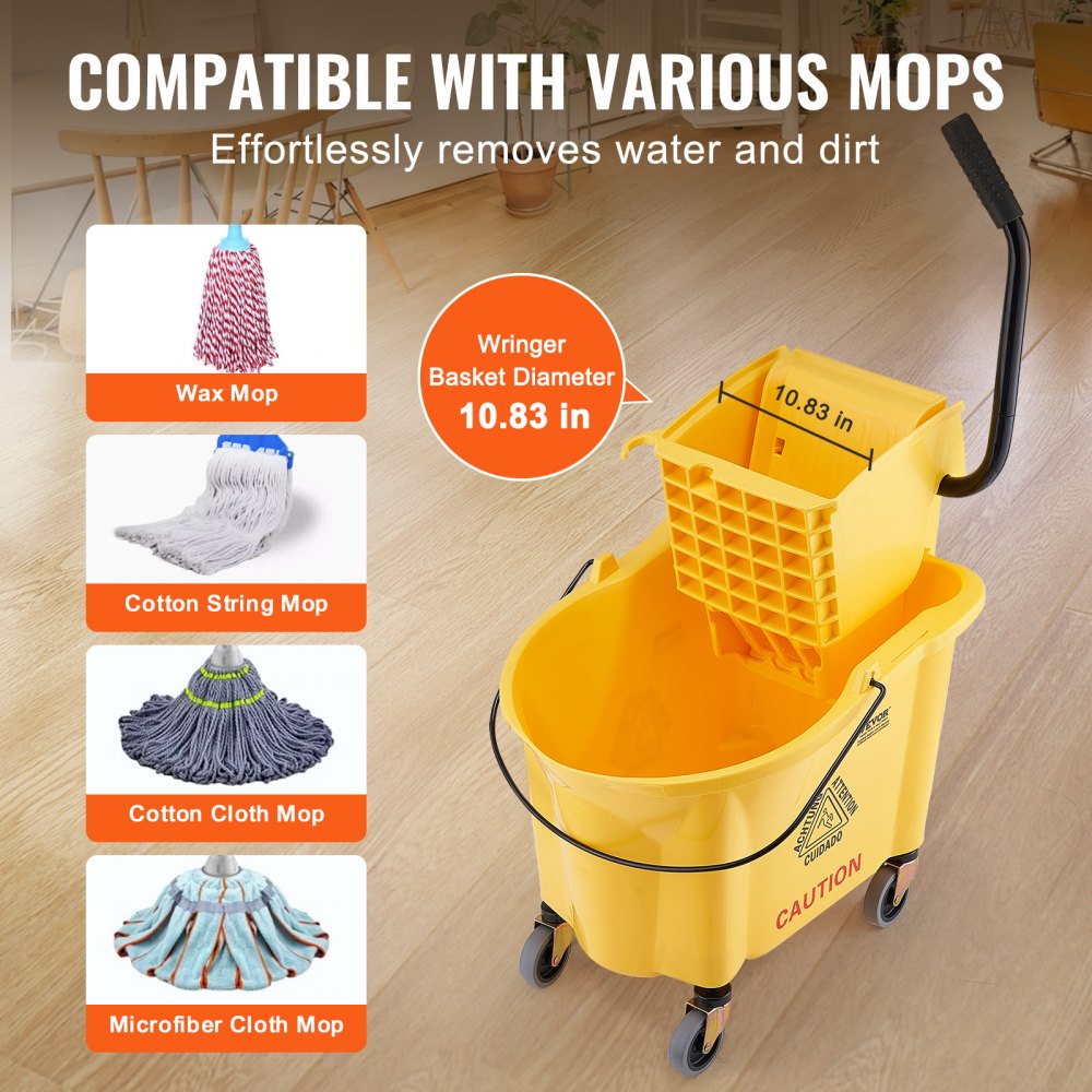 VEVOR Mop Bucket with Wringer, 35 Qt. Commercial Mop Bucket with Side ...