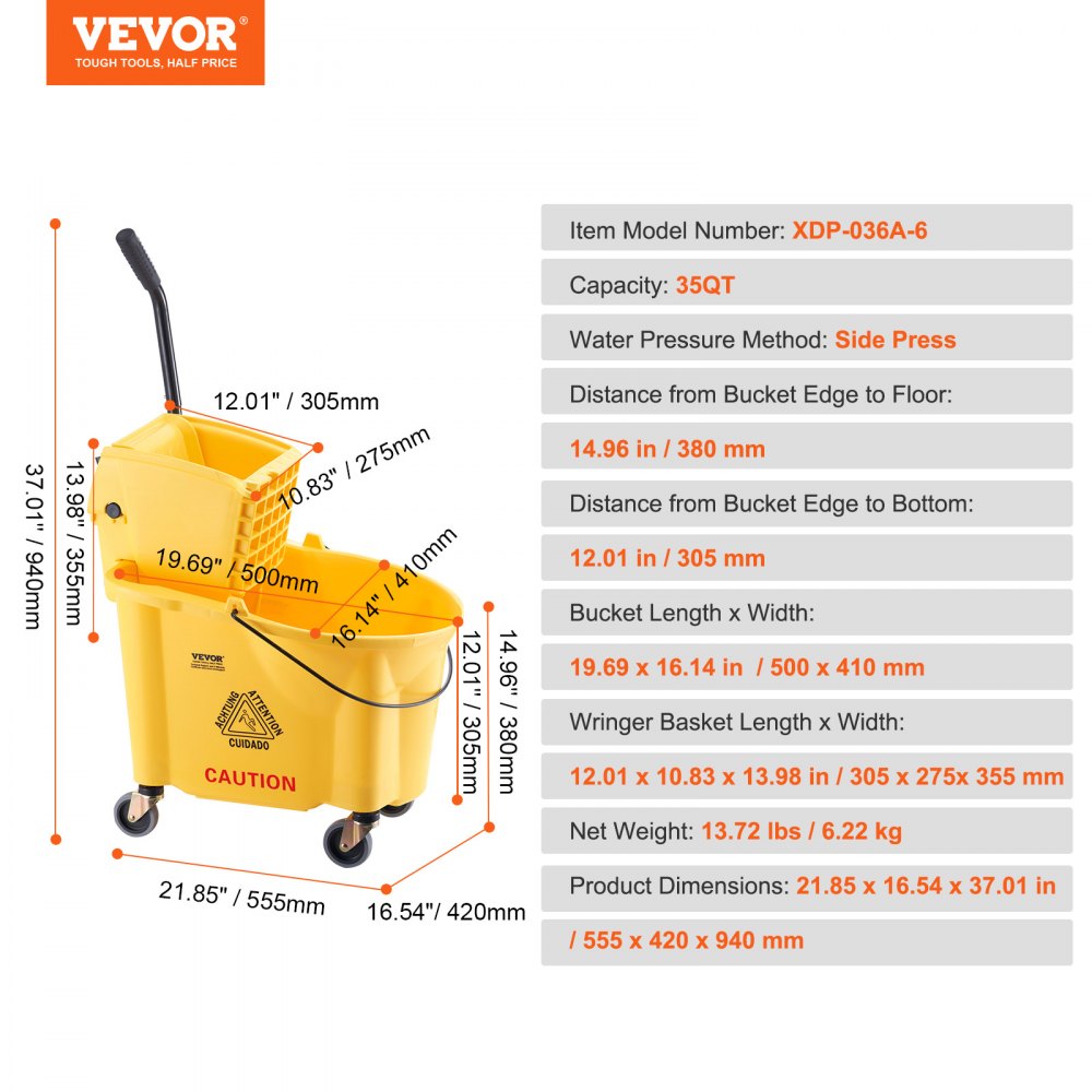 VEVOR Mop Bucket with Wringer, 35 Qt. Commercial Mop Bucket with Side ...