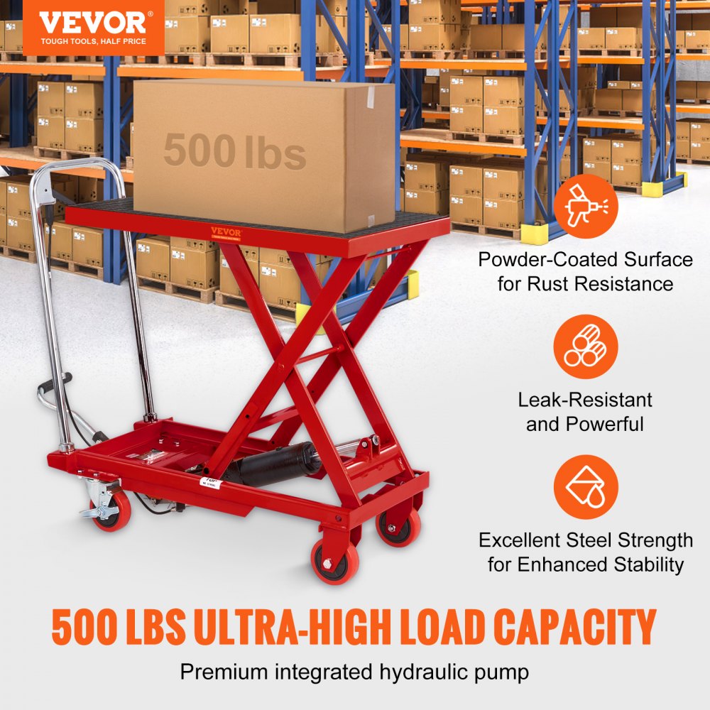 VEVOR Hydraulic Lift Table Cart, 500lbs Capacity 28.5" Lifting Height