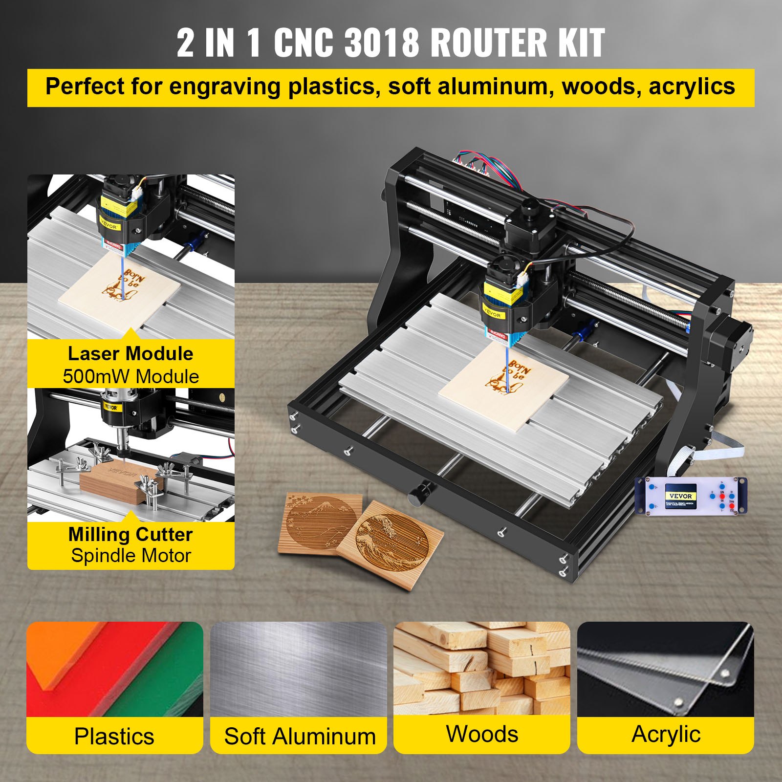 VEVOR CNC 3018 Pro 500mw 300×180×45 mm CNC-maskine GRBL Control Mini