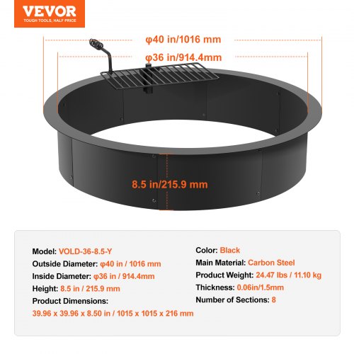 VEVOR Fire Pit Ring w/ BBQ Fire Ring 40 Inch Outer Steel DIY Campfire ...