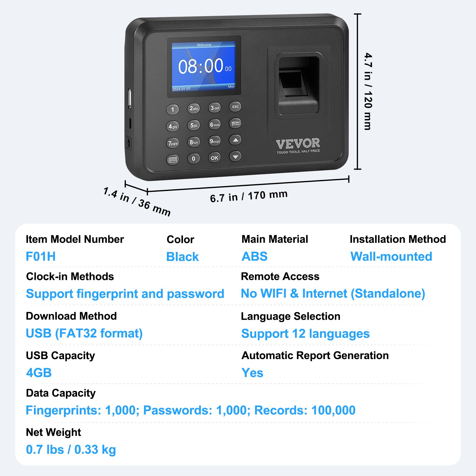 VEVOR Fingerprint Punch Clock – Biometric Time Clock