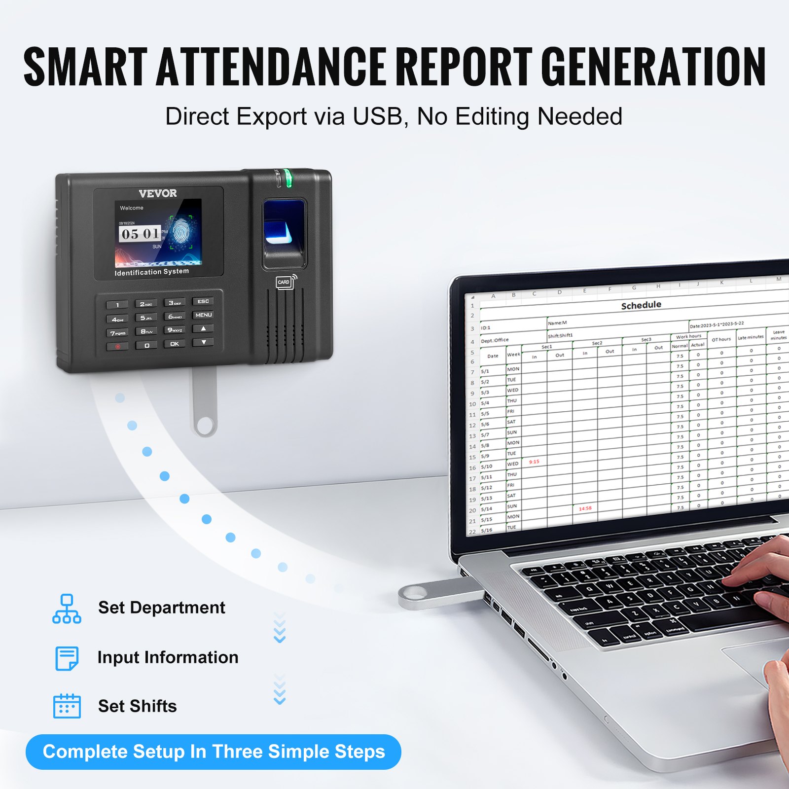 VEVOR Time Clock, Employee Attendance Machine with Fingerprint, RFID