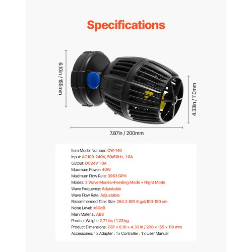 VEVOR Aquarium Wave Maker – 40W, 3963 GPH, 360° Rotation