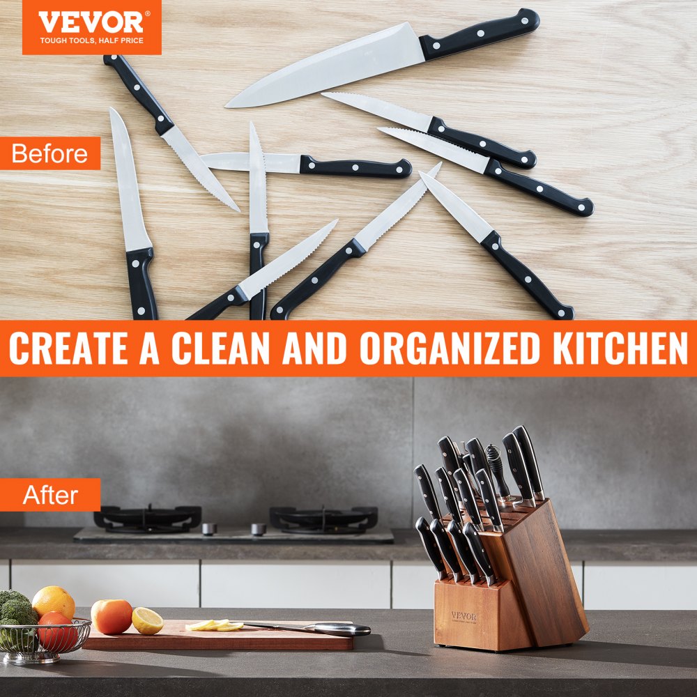 VEVOR Knife Storage Block 25 Slots, Acacia Wood Universal Knife Holders