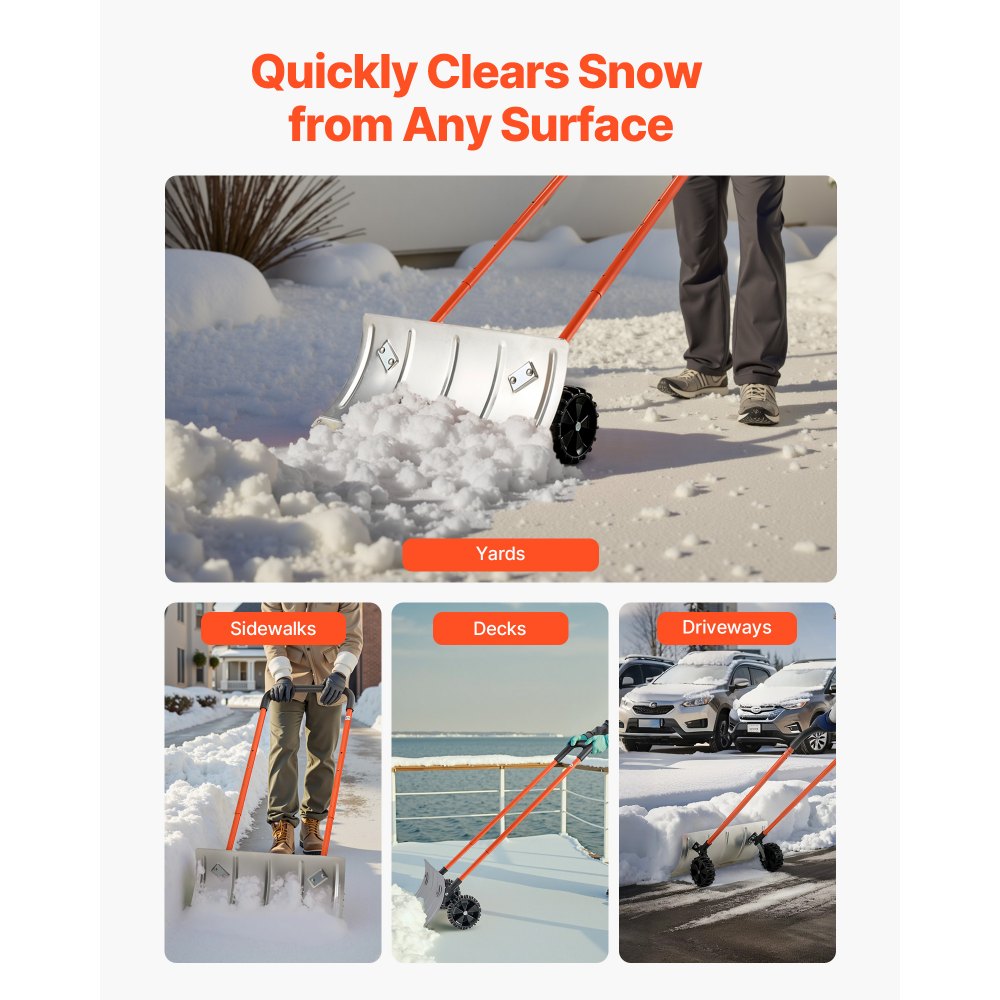 VEVOR Snow Pusher Shovel with Wheels, 37.8 in Wheeled Snowplow Shovel with Bi-Directional Angled Blade & 90° Adjustable Handle, Durable Plastic Winter Shovels, Portable Snow Removal Tool for Driveway main image 0