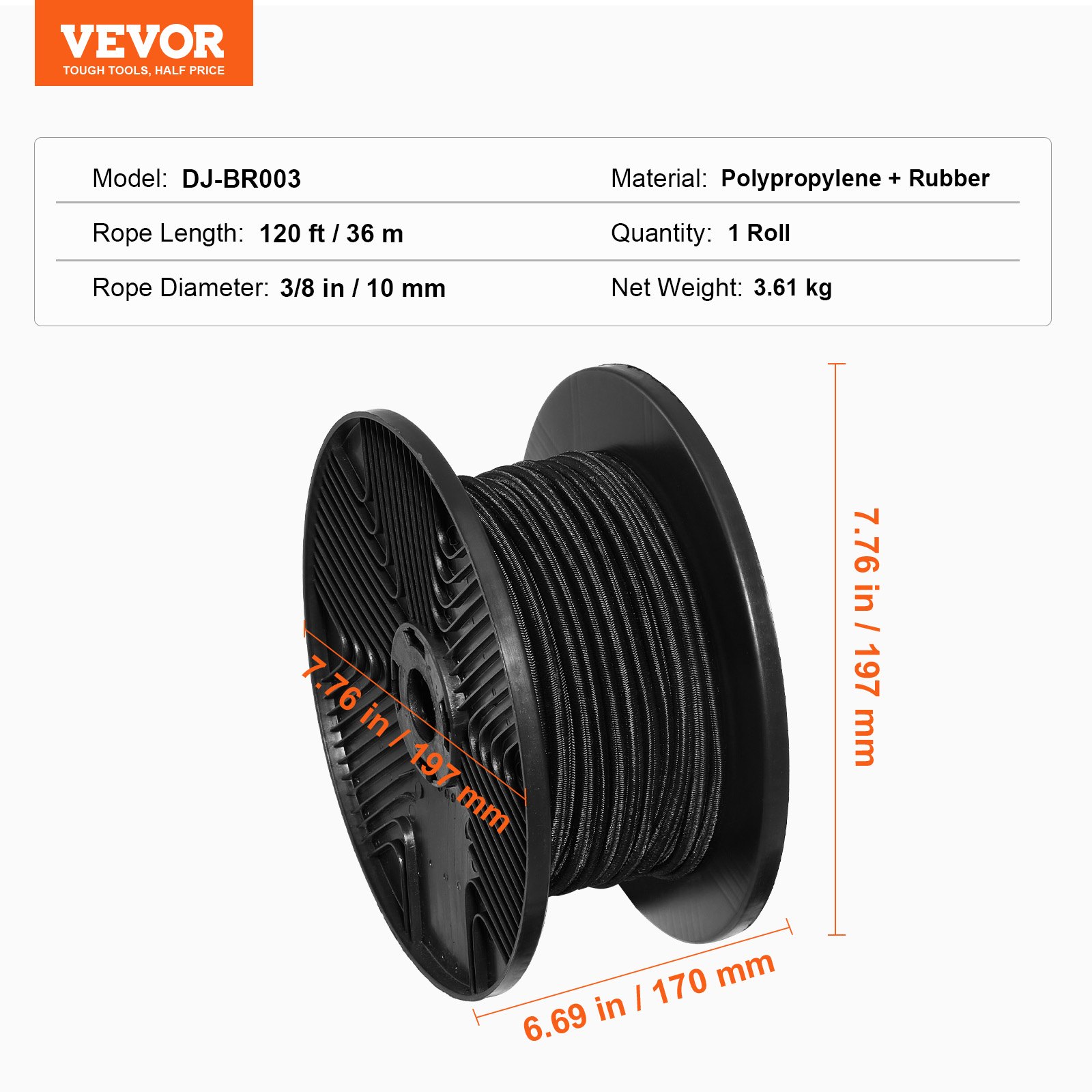 VEVOR 3/8 Inch Bungee Cord Spool – 120 Ft / 36 M Heavy Duty Elastic Rope, 100% Stretch For Cargo, Tarps, Camping, Kayak, Crafting – Cut-to-Size, Black