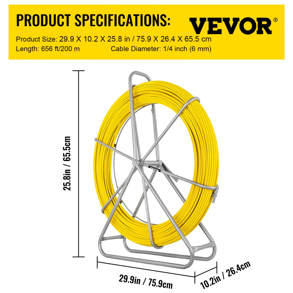 VEVOR Fish Tape Fiberglass 6MM 200M,Duct Rodder Fish Tape Puller ...