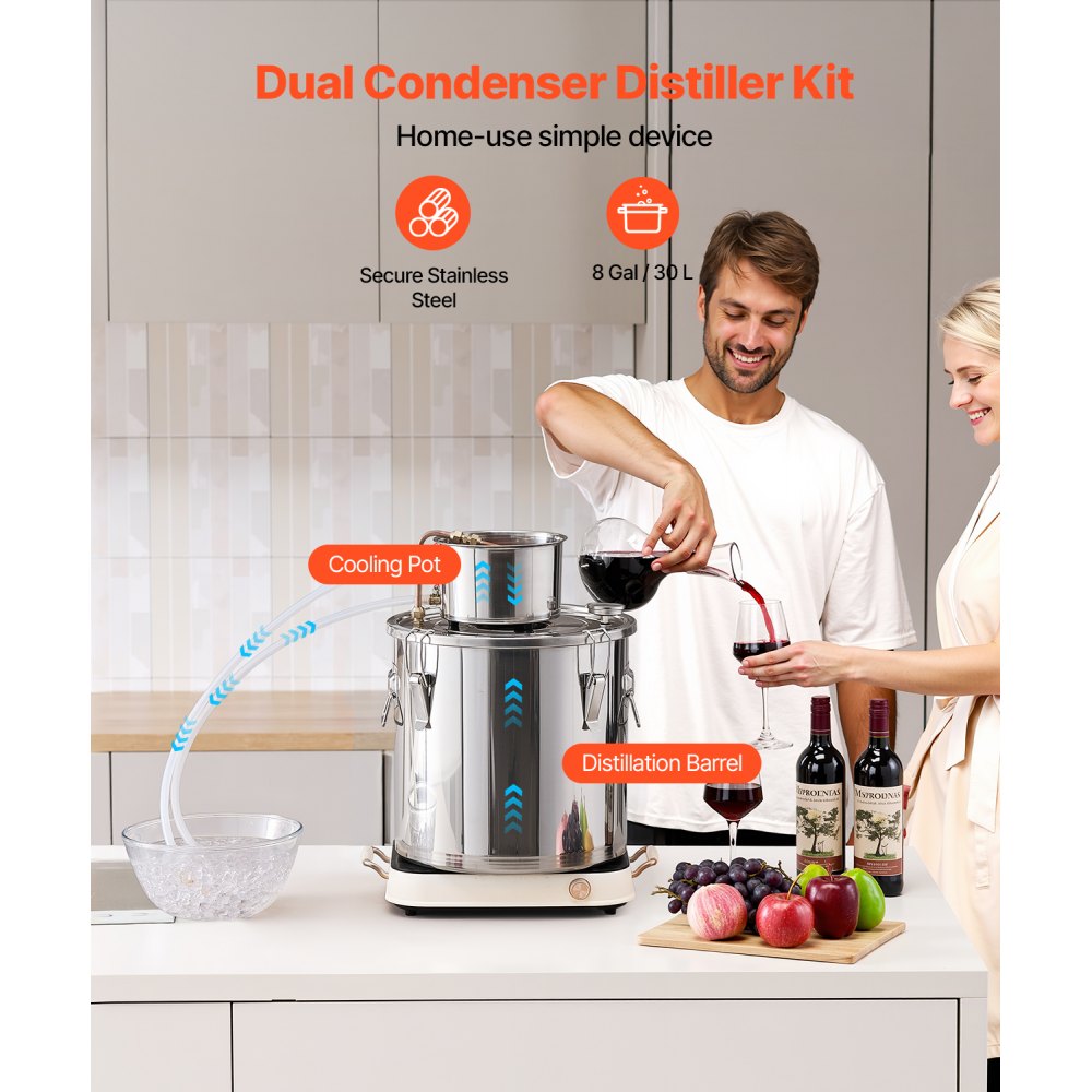 Alkoholový destilační přístroj, nerezová ocelová palírna na alkohol o objemu 8 galonů / 30 l s měděnou cívkou, sada pro domácí vaření piva, rafinaci a fermentaci s teploměrem, na víno, whisky, brandy, stříbrná - miniatura 2