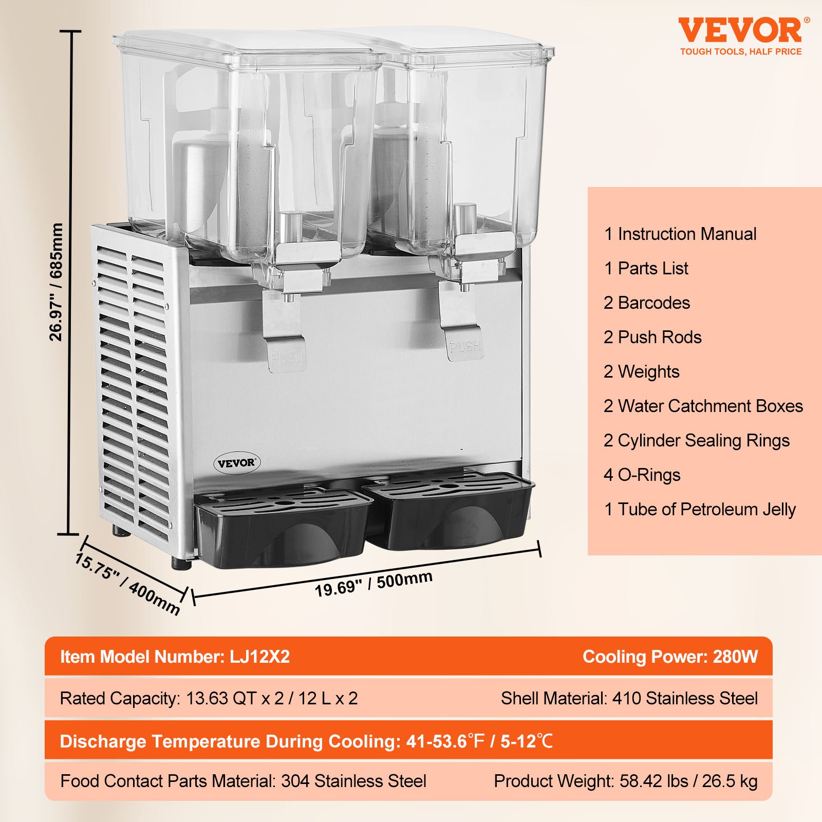 VEVOR Commercial Beverage Dispenser, 13.6 Qt 12L 2 Tanks Ice Tea Drink