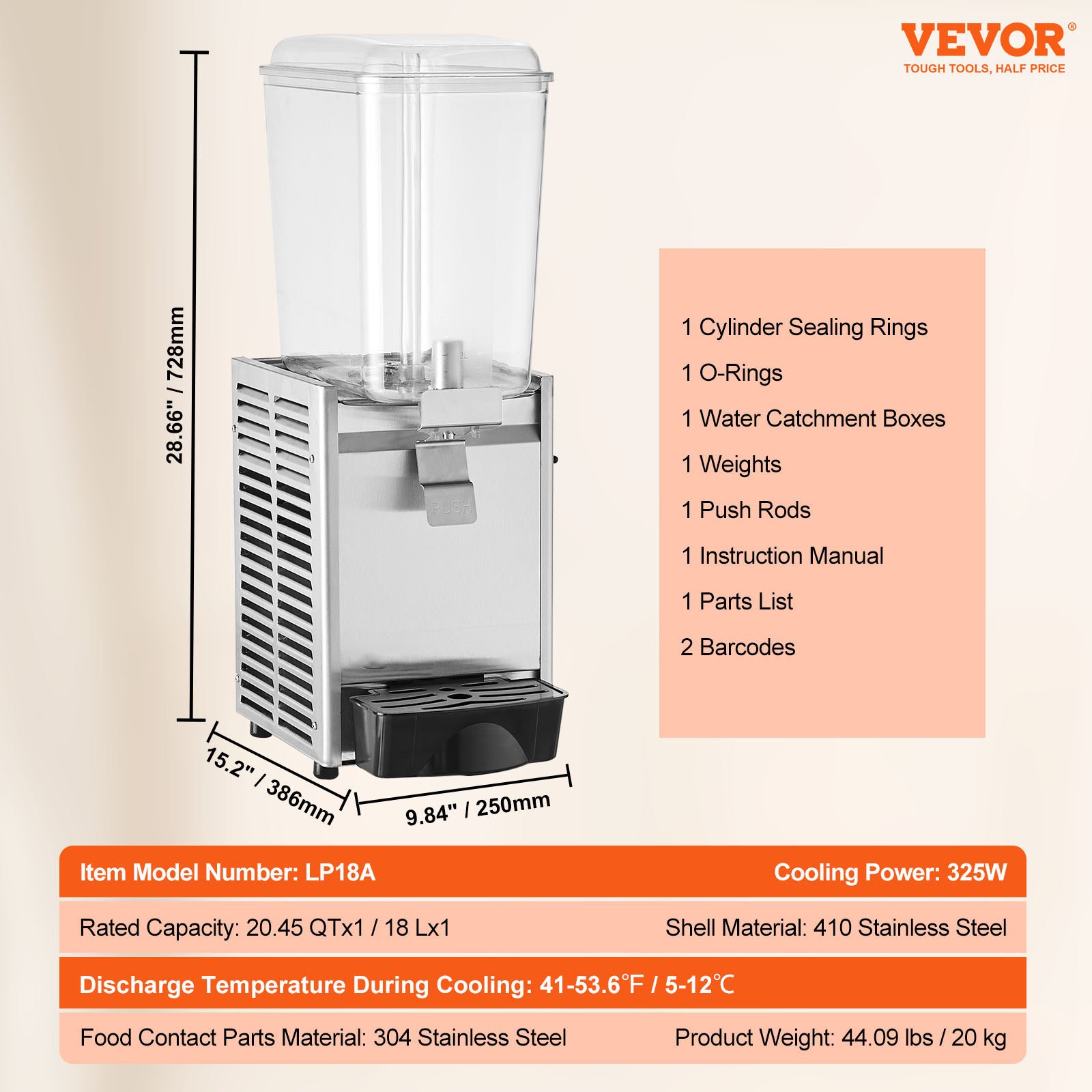 VEVOR Commercial Beverage Dispenser, 20.4 Qt 18L Single Tank Ice Tea